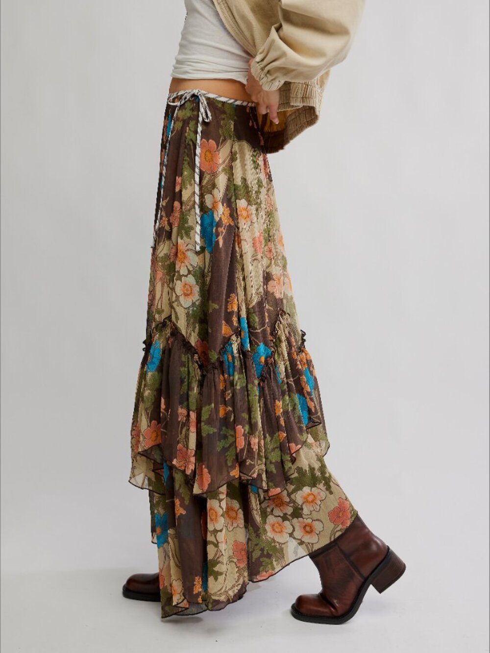 🎉LAST CHANCE🎉 FREE PEOPLE Palermo Villa Chiffon Maxi Skirt / Chocolate Combo - Picture 3 of 9